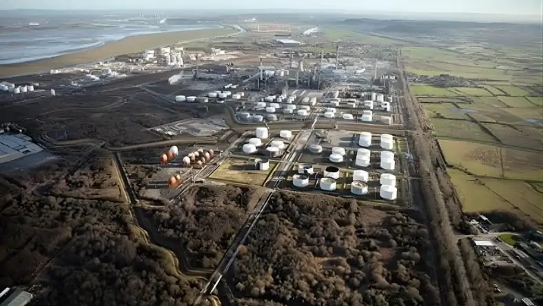 Aerial view of industrial carbon capture and storage infrastructure