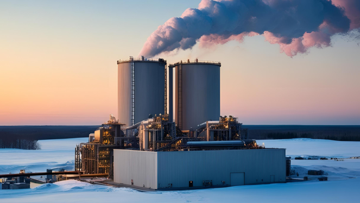 Carbon capture plant with large storage tanks releasing vapor in a snowy landscape.