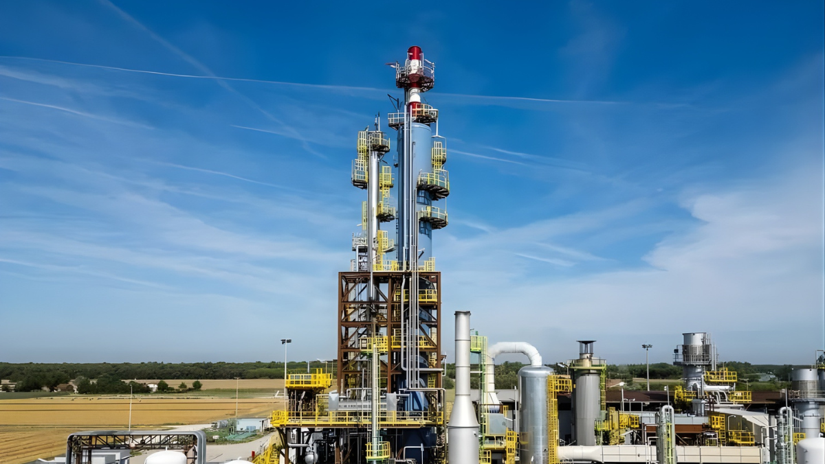 Industrial carbon capture facility tower under clear sky with pipes and equipment