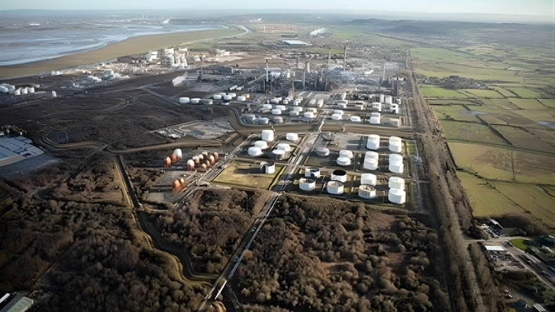 Aerial view of industrial carbon capture and storage infrastructure